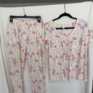 Miss Elaine Cream Floral Pajama Set with Pink and Yellow Flowers